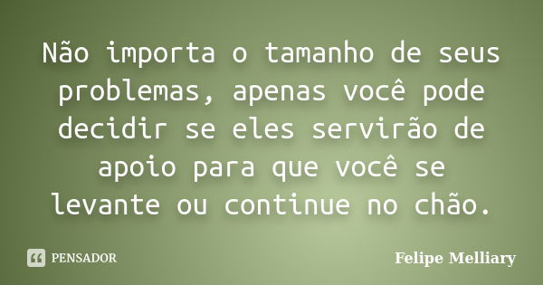 Não importa o tamanho de seus problemas, apenas você pode decidir se eles servirão de apoio para que você se levante ou continue no chão.... Frase de Felipe Melliary.