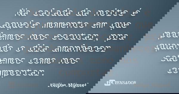 Na calada da noite é aquele momento em que podemos nos escutar, pra quando o dia amanhecer sabemos como nos comportar.... Frase de Felipe Miguel.