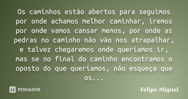 Os caminhos estão abertos para seguimos por onde achamos melhor caminhar, iremos por onde vamos cansar menos, por onde as pedras no caminho não vão nos atrapalh... Frase de Felipe Miguel.