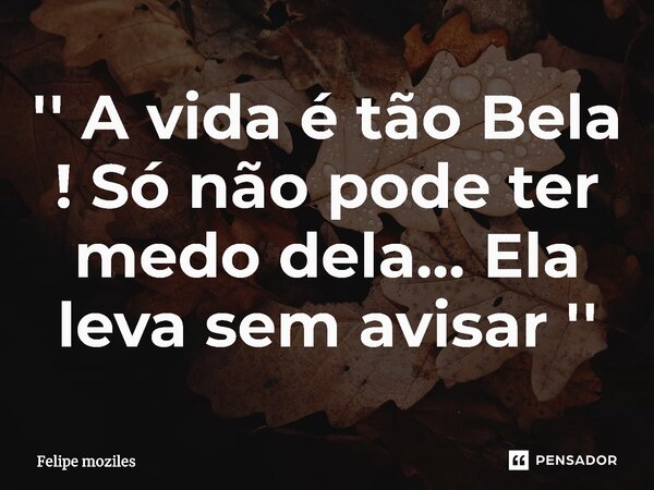 ⁠'' A vida é tão Bela ! Só não pode ter medo dela... Ela leva sem avisar ''... Frase de Felipe moziles.