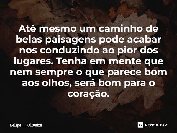 ⁠Até mesmo um caminho de belas paisagens pode acabar nos conduzindo ao pior dos lugares. Tenha em mente que nem sempre o que parece bom aos olhos, será bom para... Frase de Felipe__Oliveira.