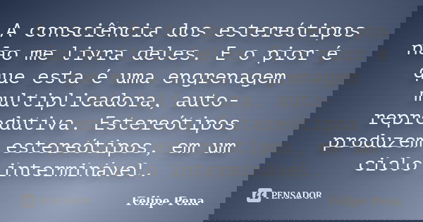 A consciência dos estereótipos não me livra deles. E o pior é que esta é uma engrenagem multiplicadora, auto-reprodutiva. Estereótipos produzem estereótipos, em... Frase de Felipe Pena.
