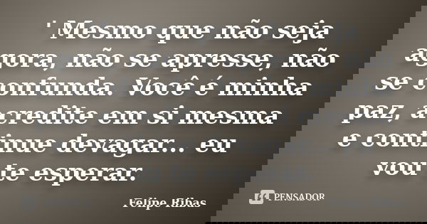 ' Mesmo que não seja agora, não se apresse, não se confunda. Você é minha paz, acredite em si mesma e continue devagar... eu vou te esperar.... Frase de Felipe Ribas.