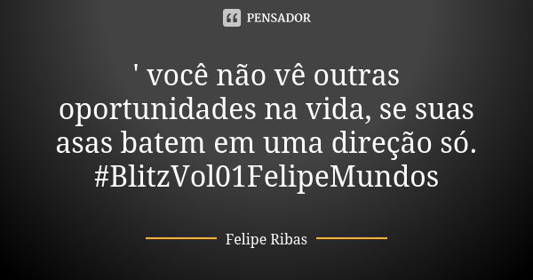 ' você não vê outras oportunidades na vida, se suas asas batem em uma direção só. #BlitzVol01FelipeMundos... Frase de Felipe Ribas.