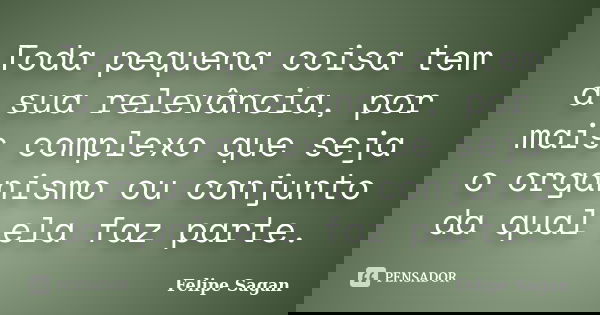 Toda pequena coisa tem a sua relevância, por mais complexo que seja o organismo ou conjunto da qual ela faz parte.... Frase de Felipe Sagan.