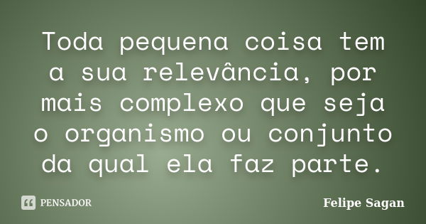 Toda pequena coisa tem a sua relevância, por mais complexo que seja o organismo ou conjunto da qual ela faz parte.... Frase de Felipe Sagan.