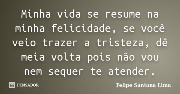 Minha vida se resume na minha felicidade, se você veio trazer a tristeza, dê meia volta pois não vou nem sequer te atender.... Frase de Felipe Santana Lima.