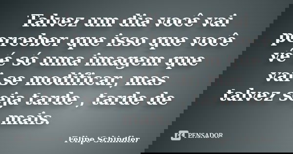 Talvez um dia você vai perceber que isso que você vê é só uma imagem que vai se modificar, mas talvez seja tarde , tarde de mais.... Frase de Felipe Schindler..
