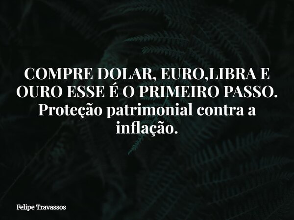 COMPRE DOLAR, EURO,LIBRA E OURO ESSE É O PRIMEIRO PASSO. Proteção patrimonial contra a inflação.... Frase de Felipe Travassos.