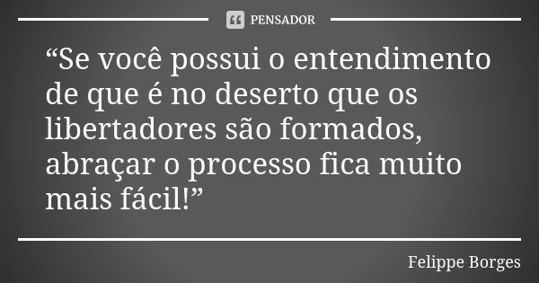 “Se você possui o entendimento de que é no deserto que os libertadores são formados, abraçar o processo fica muito mais fácil!”... Frase de Felippe Borges.