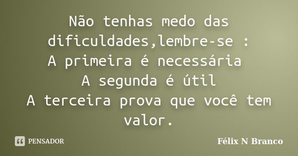 Não tenhas medo das dificuldades,lembre-se : A primeira é necessária A segunda é útil A terceira prova que você tem valor.... Frase de Félix N Branco.