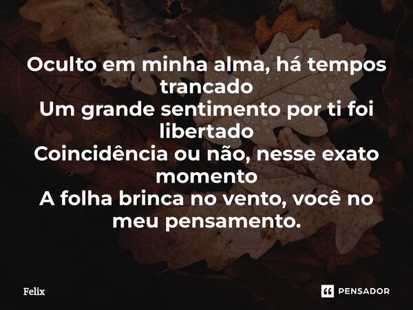 Oculto em minha alma, há tempos trancado Um grande sentimento por ti foi libertado Coincidência ou não, nesse exato momento A folha brinca no vento, você no meu... Frase de Félix.