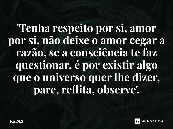⁠'Tenha respeito por si, amor por si, não deixe o amor cegar a razão, se a consciência te faz questionar, é por existir algo que o universo quer lhe dizer, pare... Frase de F.E.M.S.