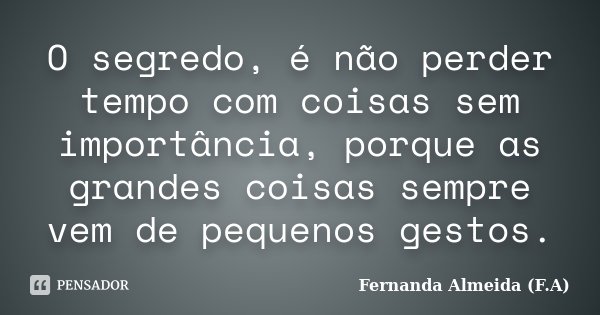 O segredo, é não perder tempo com coisas sem importância, porque as grandes coisas sempre vem de pequenos gestos.... Frase de Fernanda Almeida (F.A).