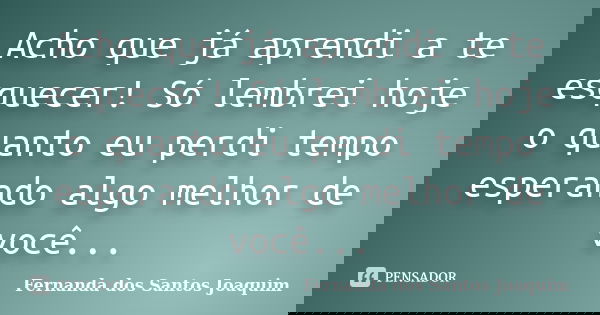 Acho que já aprendi a te esquecer! Só lembrei hoje o quanto eu perdi tempo esperando algo melhor de você...... Frase de Fernanda dos Santos Joaquim.
