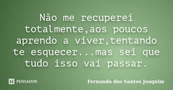 Não me recuperei totalmente,aos poucos aprendo a viver,tentando te esquecer...mas sei que tudo isso vai passar.... Frase de Fernanda dos Santos Joaquim.