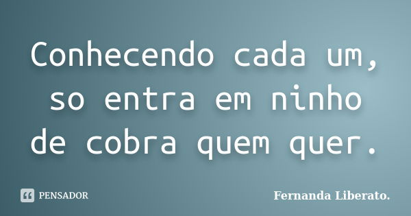 Conhecendo cada um, so entra em ninho de cobra quem quer.... Frase de Fernanda Liberato.