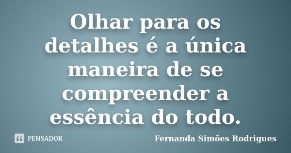 Olhar para os detalhes é a única maneira de se compreender a essência do todo.... Frase de Fernanda Simões Rodrigues.