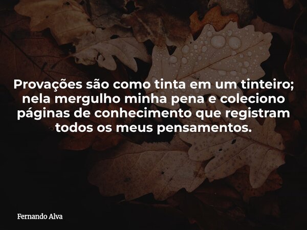 Provações são como tinta em um tinteiro; nela mergulho minha pena e coleciono páginas de conhecimento que registram todos os meus pensamentos.... Frase de Fernando Alva.