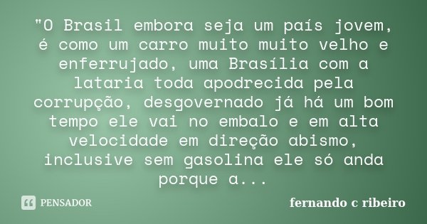 "O Brasil embora seja um país jovem, é como um carro muito muito velho e enferrujado, uma Brasília com a lataria toda apodrecida pela corrupção, desgoverna... Frase de Fernando C. Ribeiro.