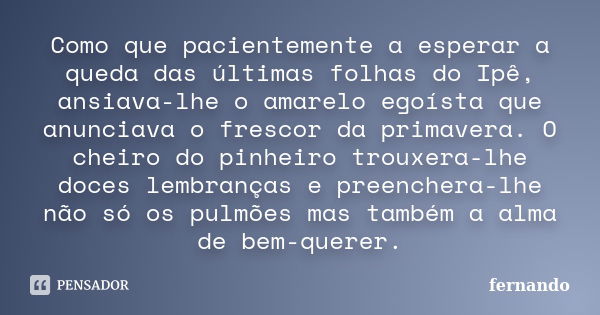 Como que pacientemente a esperar a queda das últimas folhas do Ipê, ansiava-lhe o amarelo egoísta que anunciava o frescor da primavera. O cheiro do pinheiro tro... Frase de Fernando.