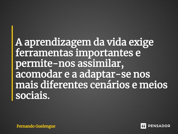 ⁠ A aprendizagem da vida exige ferramentas importantes e permite-nos assimilar, acomodar e a adaptar-se nos mais diferentes cenários e meios sociais.... Frase de Fernando Guelengue.