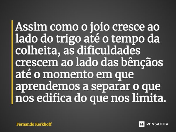 ⁠Assim como o joio cresce ao lado do trigo até o tempo da colheita, as dificuldades crescem ao lado das bênçãos até o momento em que aprendemos a separar o que ... Frase de Fernando Kerkhoff.