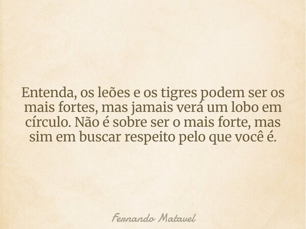 Entenda, os leões e os tigres podem ser os mais fortes, mas jamais verá um lobo em círculo. Não é sobre ser o mais forte, mas sim em buscar respeito pelo que vo... Frase de Fernando Matavel.