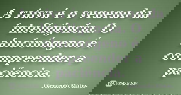 A raiva é o veneno da inteligência. O alucinógeno é compreender a paciência.... Frase de Fernando Matos.