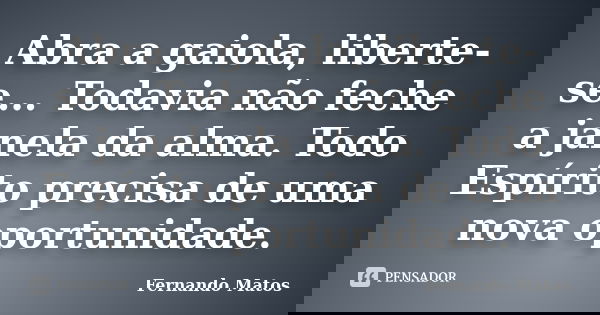Abra a gaiola, liberte-se... Todavia não feche a janela da alma. Todo Espírito precisa de uma nova oportunidade.... Frase de Fernando Matos.