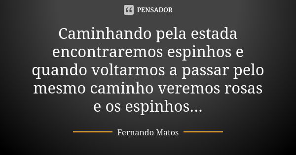 Caminhando pela estada encontraremos espinhos e quando voltarmos a passar pelo mesmo caminho veremos rosas e os espinhos...... Frase de Fernando Matos.