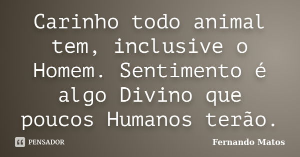 Carinho todo animal tem, inclusive o Homem. Sentimento é algo Divino que poucos Humanos terão.... Frase de Fernando Matos.