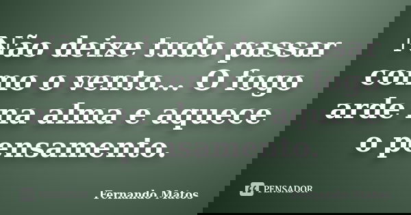 Não deixe tudo passar como o vento... O fogo arde na alma e aquece o pensamento.... Frase de Fernando Matos.