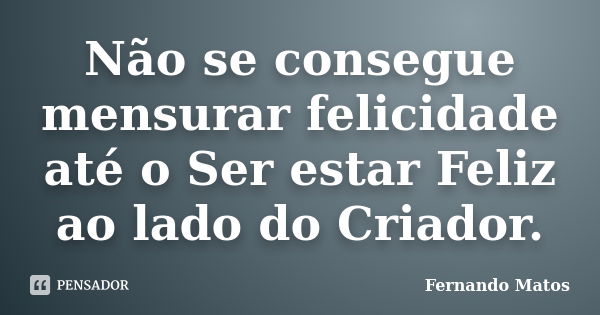 Não se consegue mensurar felicidade até o Ser estar Feliz ao lado do Criador.... Frase de Fernando Matos.