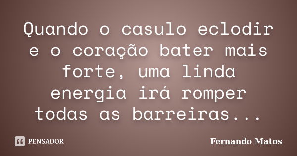 Quando o casulo eclodir e o coração bater mais forte, uma linda energia irá romper todas as barreiras...... Frase de Fernando Matos.