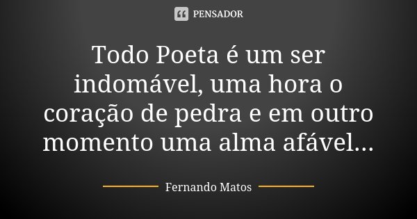 Todo Poeta é um ser indomável, uma hora o coração de pedra e em outro momento uma alma afável...... Frase de Fernando Matos.