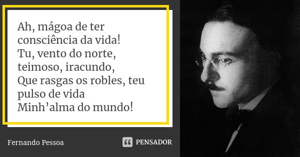 Ah, mágoa de ter consciência da vida! Tu, vento do norte, teimoso, iracundo, Que rasgas os robles, teu pulso de vida Minh’alma do mundo!... Frase de Fernando Pessoa.