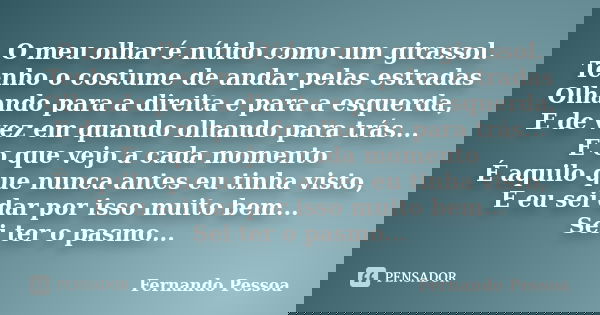O meu olhar é nítido como um girassol. Tenho o costume de andar pelas estradas Olhando para a direita e para a esquerda, E de vez em quando olhando para trás...... Frase de FERNANDO PESSOA.