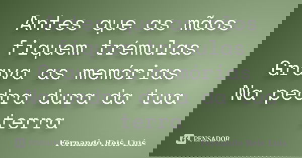 Antes que as mãos fiquem trémulas Grava as memórias Na pedra dura da tua terra... Frase de Fernando Reis Luís.