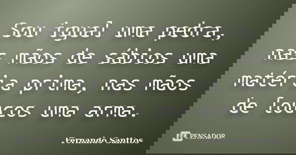 Sou igual uma pedra, nas mãos de sábios uma matéria prima, nas mãos de loucos uma arma.... Frase de Fernando Santtos.