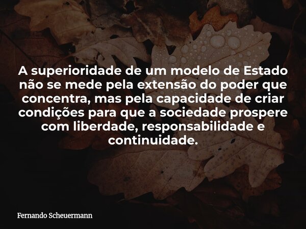 A superioridade de um modelo de Estado não se mede pela extensão do poder que concentra, mas pela capacidade de criar condições para que a sociedade prospere co... Frase de Fernando Scheuermann.