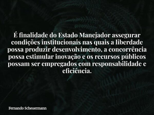 É finalidade do Estado Manejador assegurar condições institucionais nas quais a liberdade possa produzir desenvolvimento, a concorrência possa estimular inovaçã... Frase de Fernando Scheuermann.