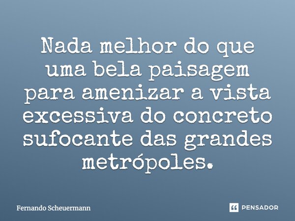 Nada melhor do que uma bela paisagem para amenizar a vista excessiva do concreto sufocante das grandes metrópoles.... Frase de Fernando Scheuermann.