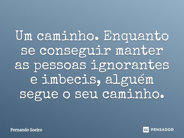 ⁠Um caminho. Enquanto se conseguir manter as pessoas ignorantes e imbecis, alguém segue o seu caminho.... Frase de Fernando Soeiro.