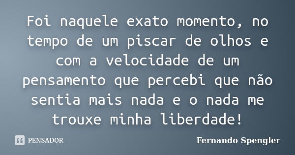 Foi naquele exato momento, no tempo de um piscar de olhos e com a velocidade de um pensamento que percebi que não sentia mais nada e o nada me trouxe minha libe... Frase de Fernando Spengler.