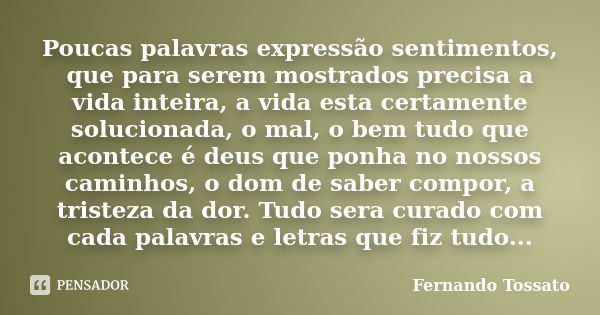 Poucas palavras expressão sentimentos, que para serem mostrados precisa a vida inteira, a vida esta certamente solucionada, o mal, o bem tudo que acontece é deu... Frase de Fernando Tossato.