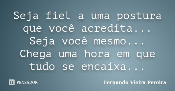 Seja fiel a uma postura que você acredita... Seja você mesmo... Chega uma hora em que tudo se encaixa...... Frase de Fernando Vieira Pereira.