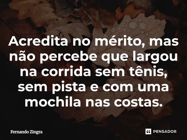 ⁠Acredita no mérito, mas não percebe que largou na corrida sem tênis, sem pista e com uma mochila nas costas.... Frase de Fernando Zingra.
