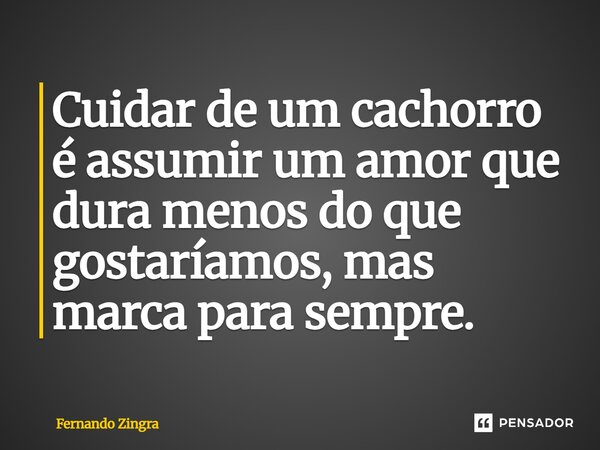 ⁠Cuidar de um cachorro é assumir um amor que dura menos do que gostaríamos, mas marca para sempre.... Frase de Fernando Zingra.
