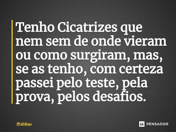 ⁠Tenho Cicatrizes que nem sem de onde vieram ou como surgiram, mas, se as tenho, com certeza passei pelo teste, pela prova, pelos desafios.... Frase de fFabBao.